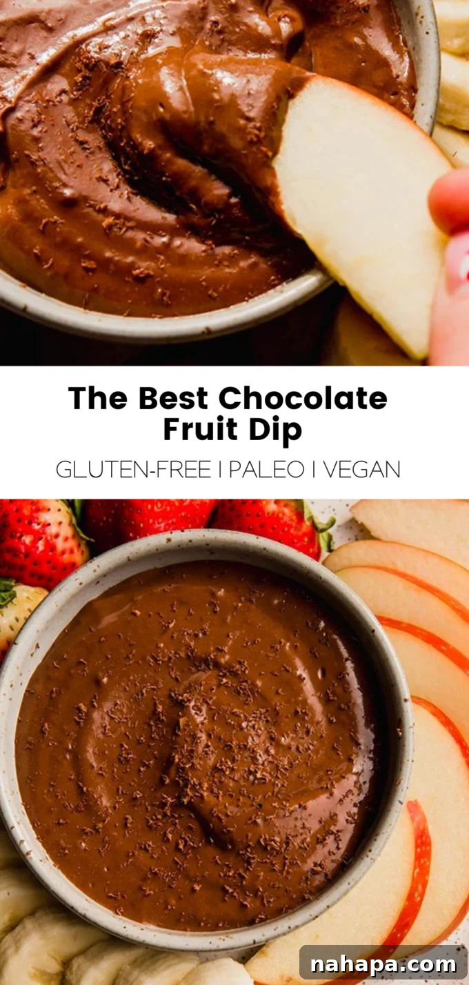 A large, appealing graphic promoting the chocolate fruit dip recipe, featuring a bowl of the dip surrounded by fresh fruits.