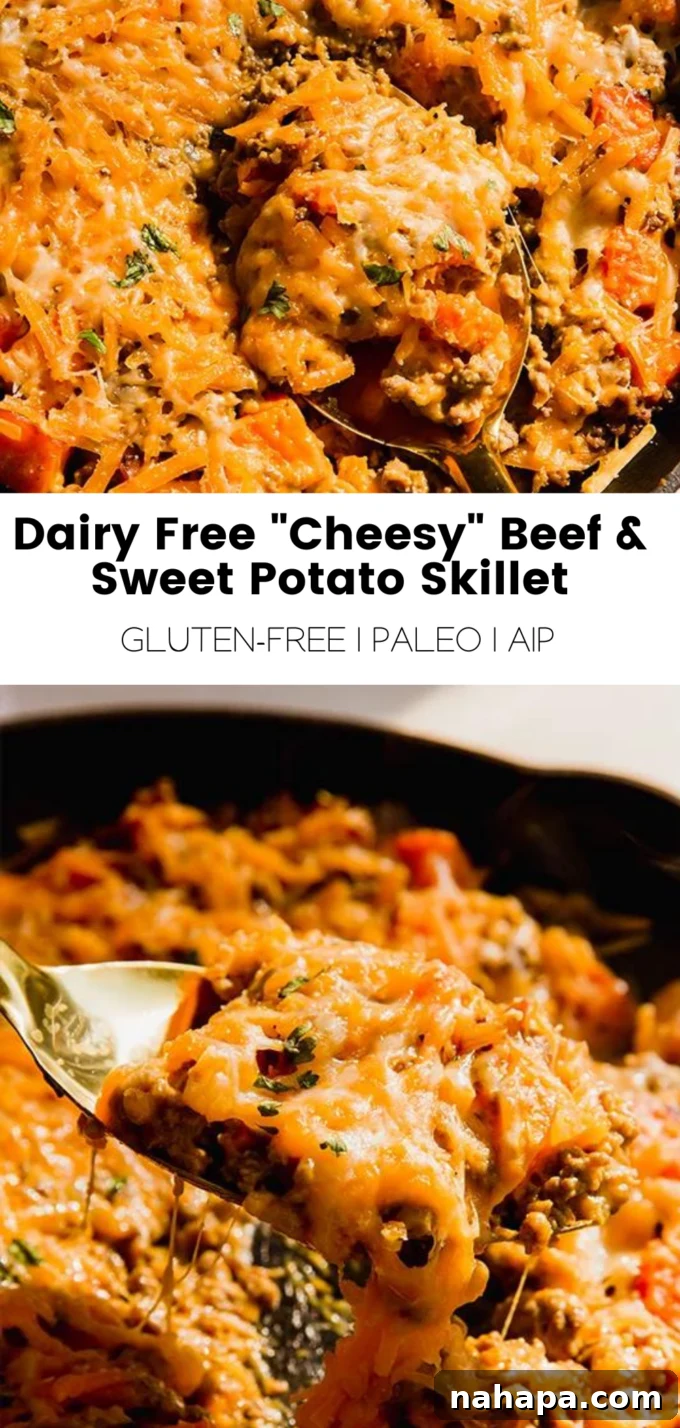Full spread image of the dairy-free cheesy beef & sweet potato skillet, showcasing its appealing texture and rich colors.