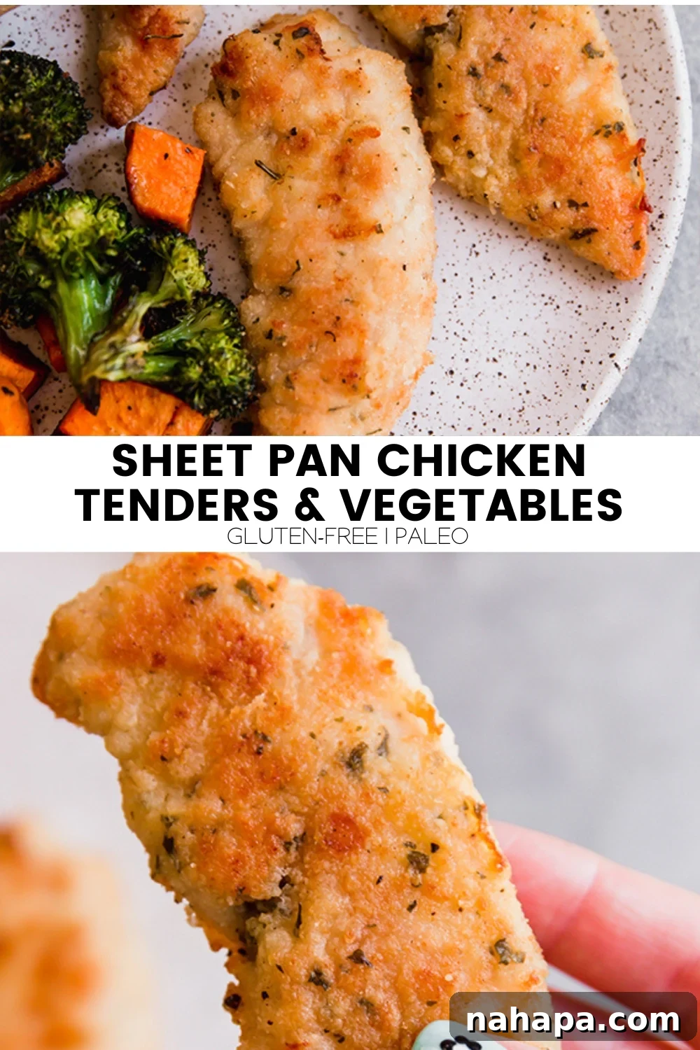 Sheet Pan Chicken Tenders and Roasted Vegetables 7 A Pinterest-optimized image template for a sheet pan chicken tenders and vegetables recipe, featuring appealing food photography and clear text overlays for sharing on social media.