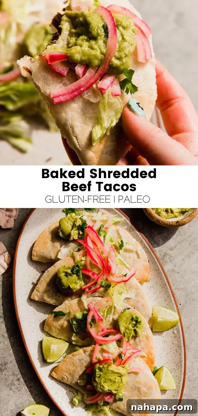 A visual graphic summarizing the baked shredded beef tacos recipe.