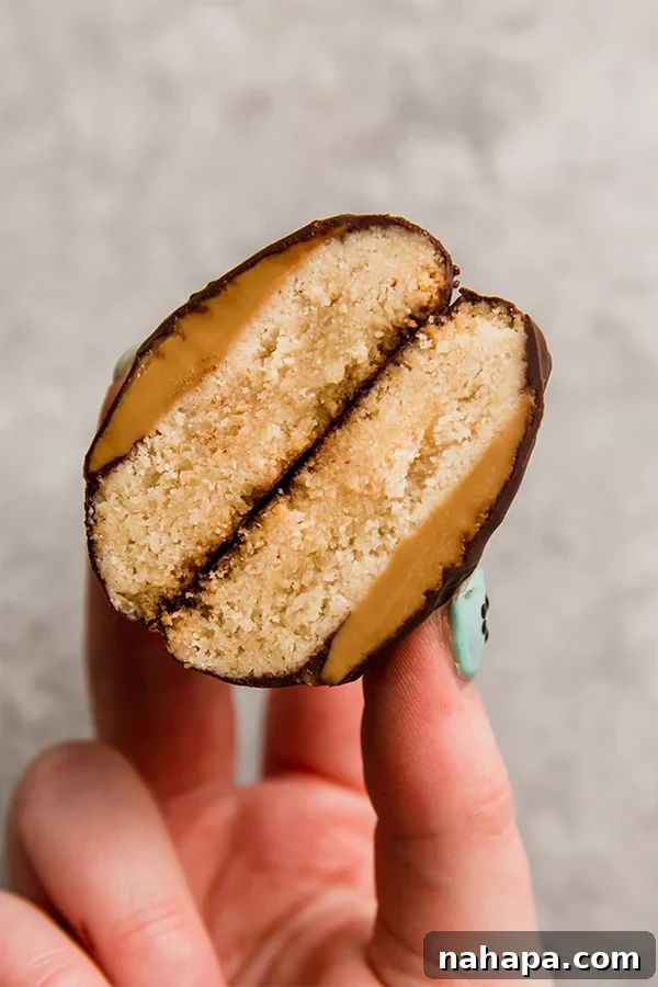 Homemade Gluten-Free Tagalong Delights 3 A perfectly halved copycat Tagalong cookie held in a hand, revealing its golden cookie base, creamy almond butter layer, and thick chocolate shell.