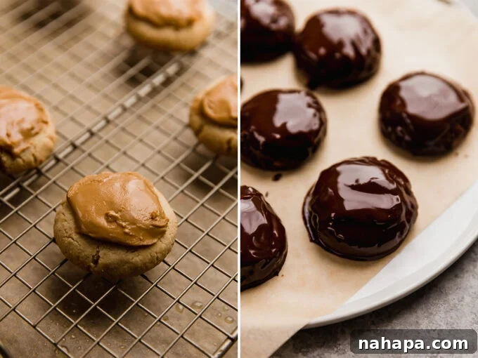 Homemade Gluten-Free Tagalong Delights 5 Freshly dipped copycat Tagalong cookies, coated in a smooth, dark chocolate glaze, arranged on parchment paper and ready to be chilled.