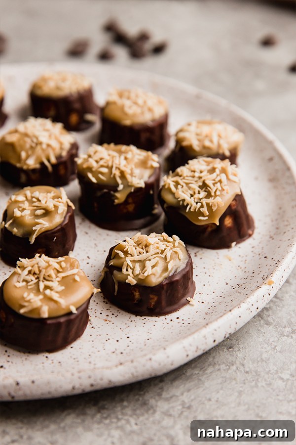 A generous plate filled with freshly made Samoa Banana Bites, ready to be enjoyed as a wholesome and delicious dessert.