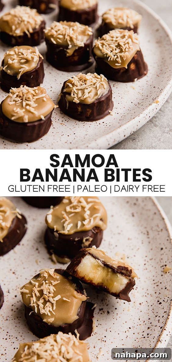 Another appealing shot of Samoa Banana Bites, beautifully presented on a plate, highlighting their appetizing textures and colors.