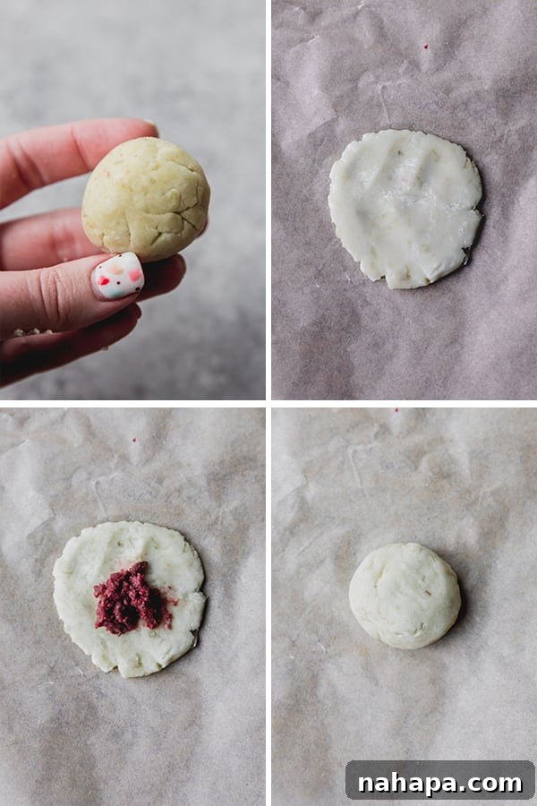 A visual guide showing the process of rolling, flattening, filling, and shaping the AIP pizza rolls.