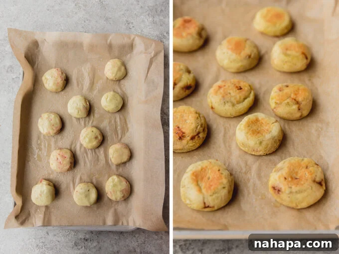 A baking sheet featuring AIP pizza rolls, both before and after baking, showcasing their transformation.