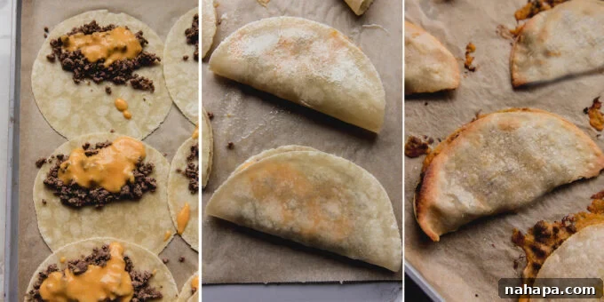 Crispy Baked Ground Beef Tacos Dairy-Free 4 Step-by-step photographic collage showing the process of assembling the baked tacos on parchment paper and baking them in the oven with a second sheet pan on top.
