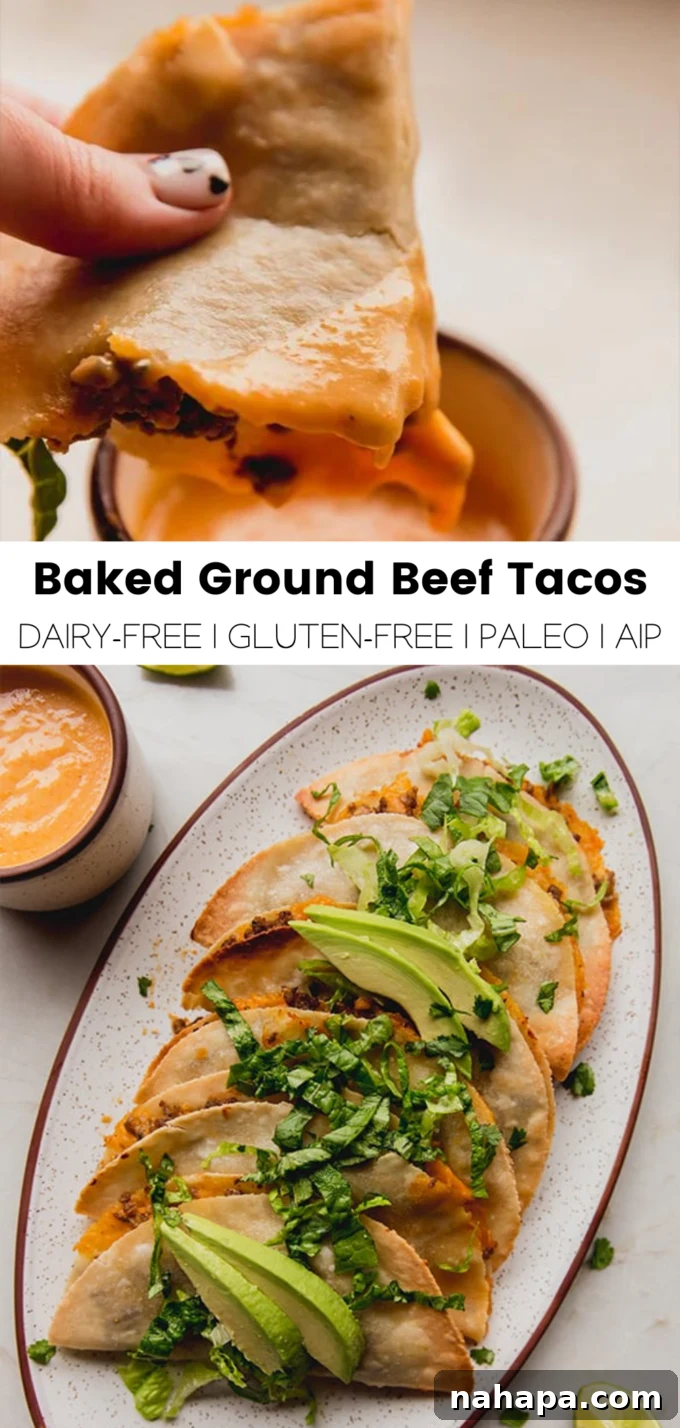 Crispy Baked Ground Beef Tacos Dairy-Free 7 A large, appealing image showcasing the finished baked ground beef tacos, served on a rustic wooden board, ready to be enjoyed.