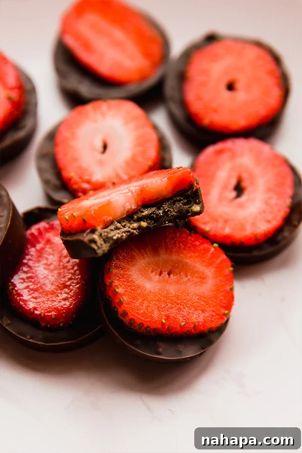 A vibrant pile of chocolate strawberry crunch bites, showcasing their enticing texture and rich color. Perfect for a special treat.