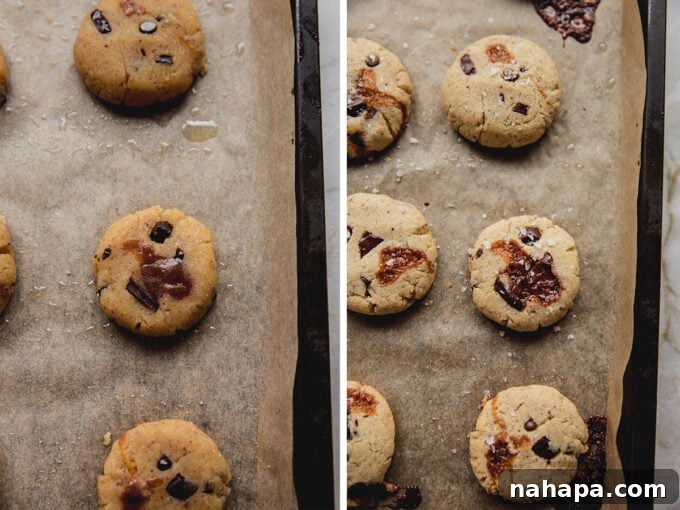 Before and after baking comparison of chocolate chip caramel cookie dough on a baking sheet, showing golden brown results.
