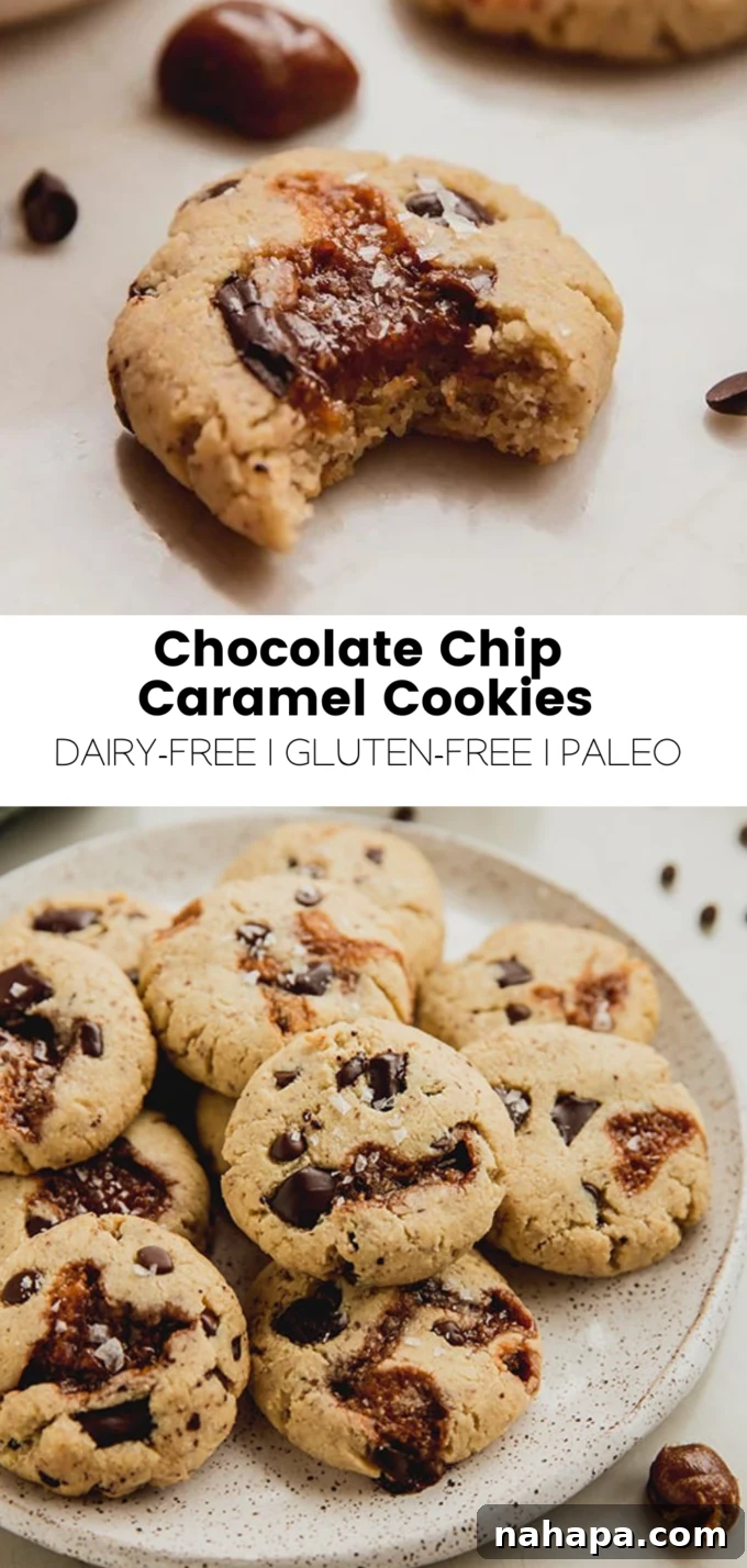 A stunning vertical graphic promoting Gluten-Free Paleo Chocolate Chip Caramel Cookies, perfect for social sharing.