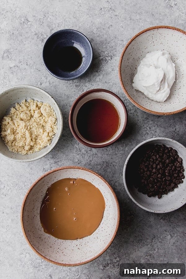 Guilt-Free Creamy Cookie Dough Dip 3 All the fresh ingredients laid out for making the creamy chocolate chip cookie dough dip, including a jar of almond butter, coconut yogurt, maple syrup, almond flour, vanilla extract, and dairy-free chocolate chips.