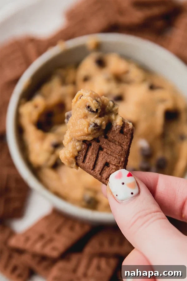 Guilt-Free Creamy Cookie Dough Dip 4 A close-up shot of a bowl of creamy chocolate chip cookie dough dip, with a gluten-free graham cracker dipped into it, showcasing its rich texture and chocolatey goodness.