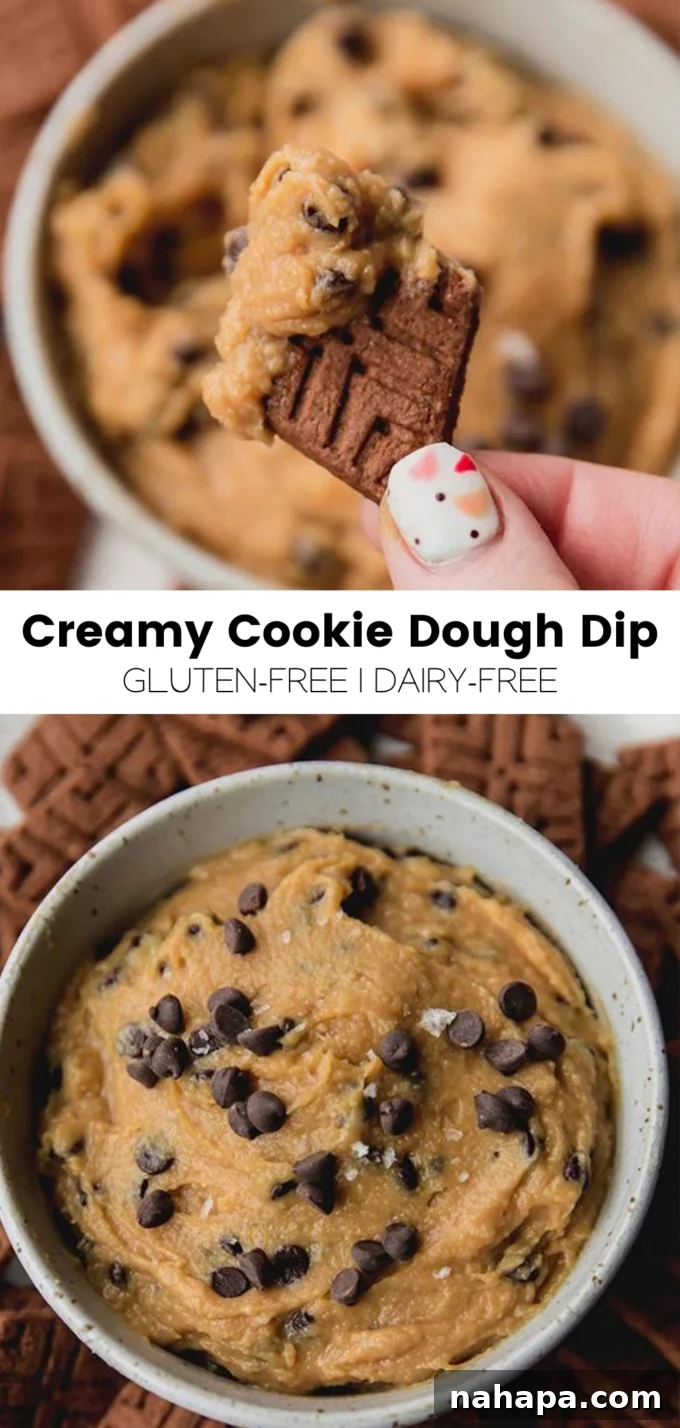 Guilt-Free Creamy Cookie Dough Dip 6 A vibrant, shareable image for Pinterest featuring the creamy gluten-free and dairy-free cookie dough dip, highlighting its deliciousness and healthy attributes.