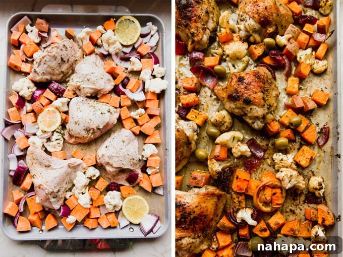 A split image showing the sheet pan before and after baking, highlighting the transformation of raw ingredients into a golden-brown, cooked meal.
