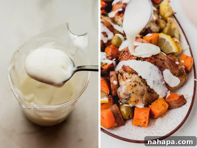 The optional creamy sauce for sheet pan Mediterranean chicken & vegetables, shown before and after being drizzled over the dish for serving.
