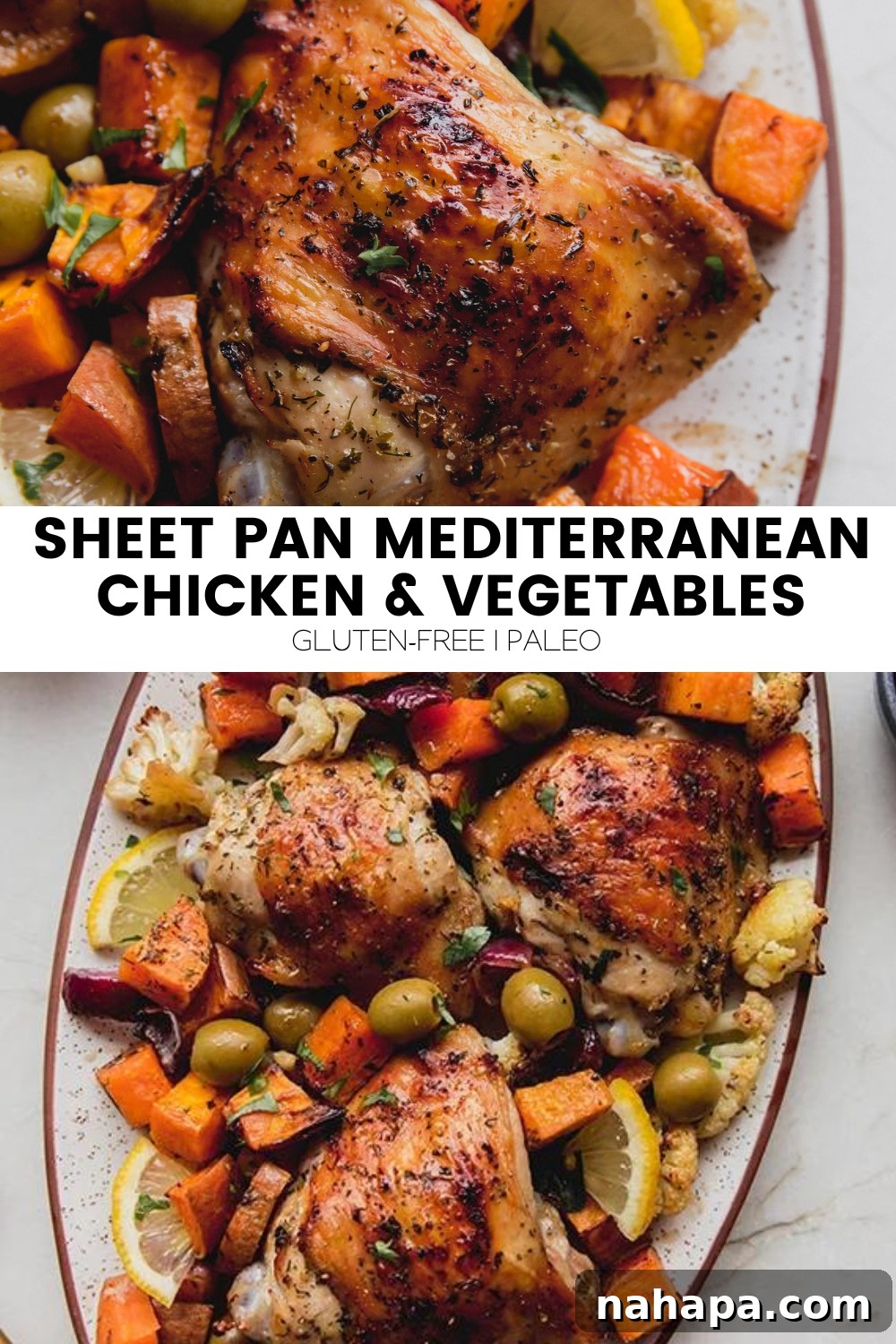 A vibrant Pinterest-style graphic featuring Sheet Pan Mediterranean Chicken & Vegetables with text overlay for easy sharing.