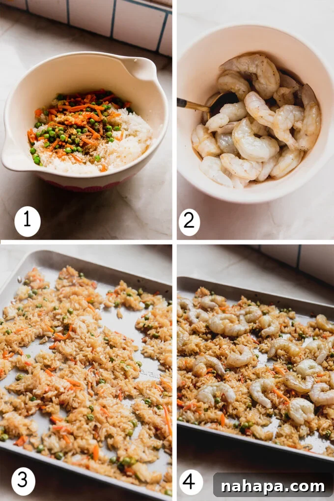 Step by step photos of making the sheet pan shrimp fried rice.
