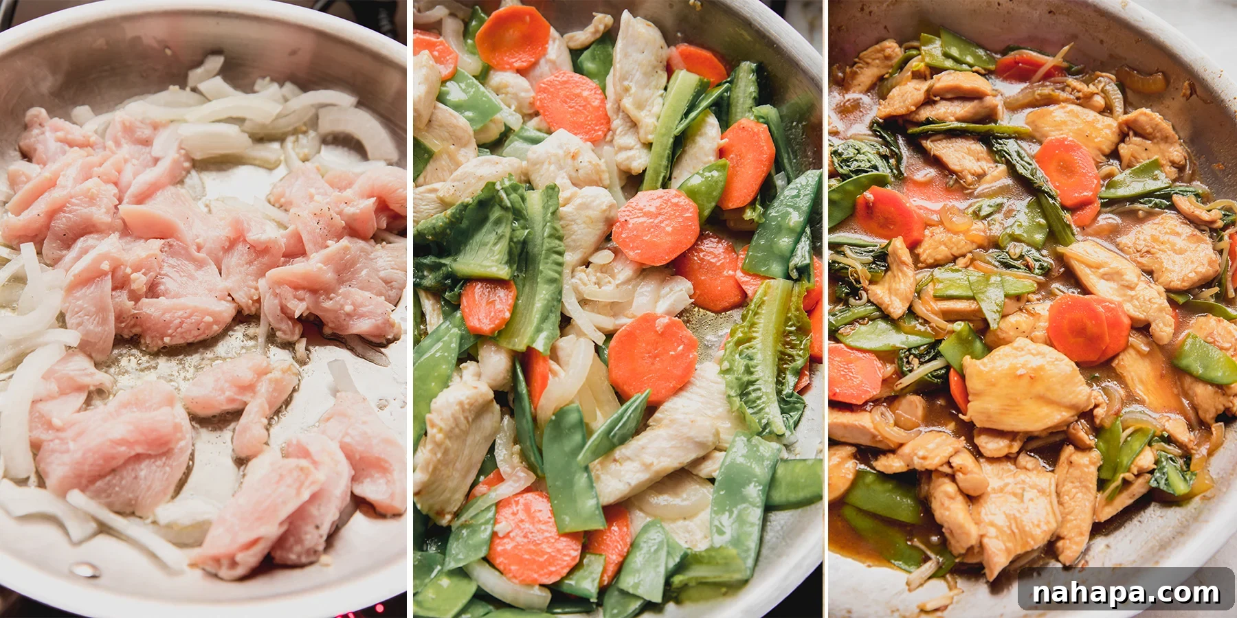 A series of step-by-step photos showing the cooking process of chop suey in a pan, from raw ingredients to fully cooked stir-fry.