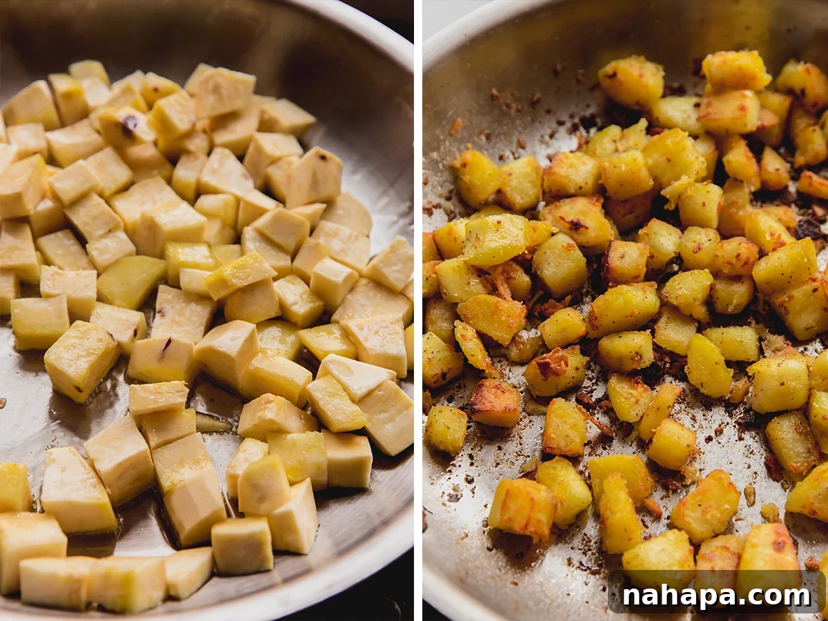 A side-by-side comparison showcasing uncooked cubed white sweet potatoes next to a pan filled with golden, crispy cooked white sweet potatoes.