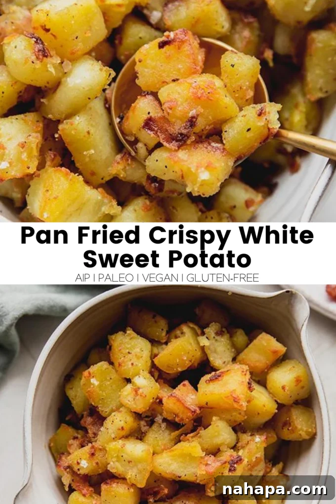 A visually appealing image of pan-fried crispy white sweet potatoes, plated beautifully to entice readers.