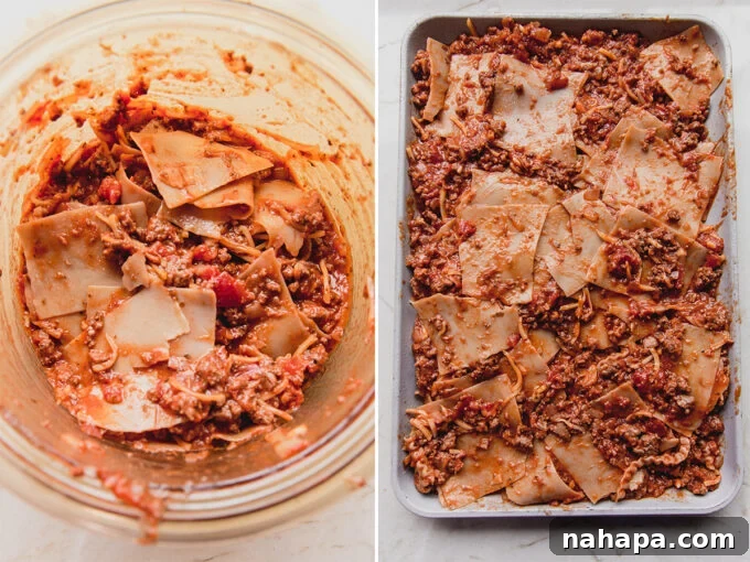 The lasagna mixture being combined in a bowl and then spread out on a baking sheet, showing preparation steps.