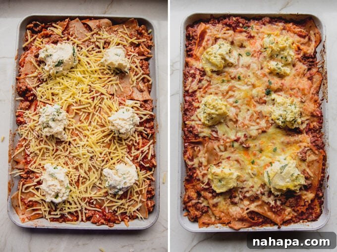 A sheet pan with unbaked lasagna next to a pan of beautifully baked, golden-brown lasagna with melted cheese.