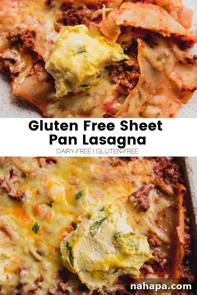 A large infographic or pin image for gluten-free sheet pan lasagna.