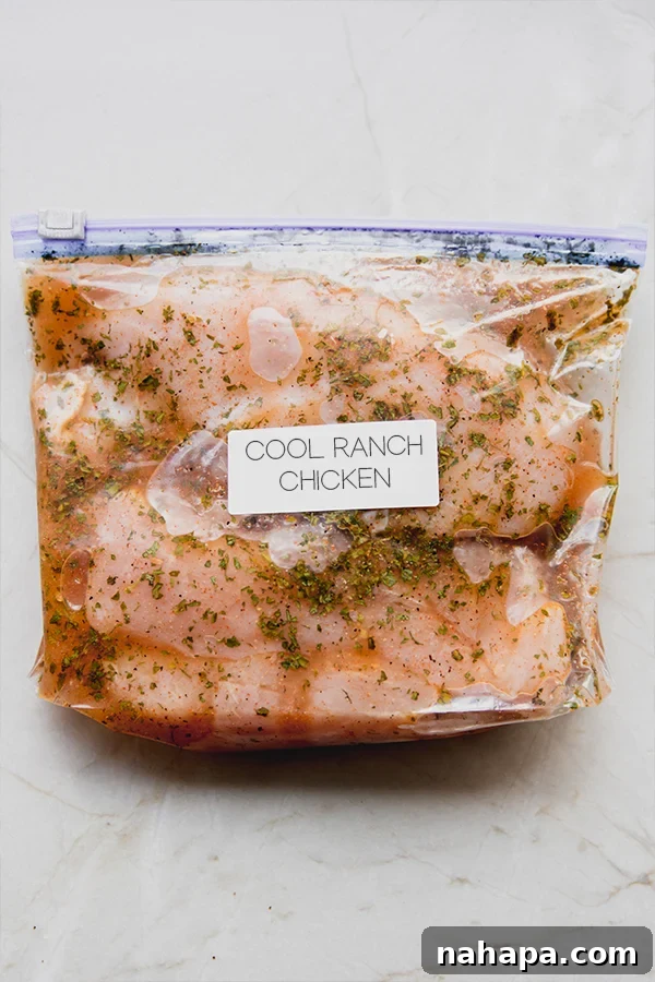 Raw chicken and seasonings packaged for freezing, ready to become slow cooker ranch chicken tacos.