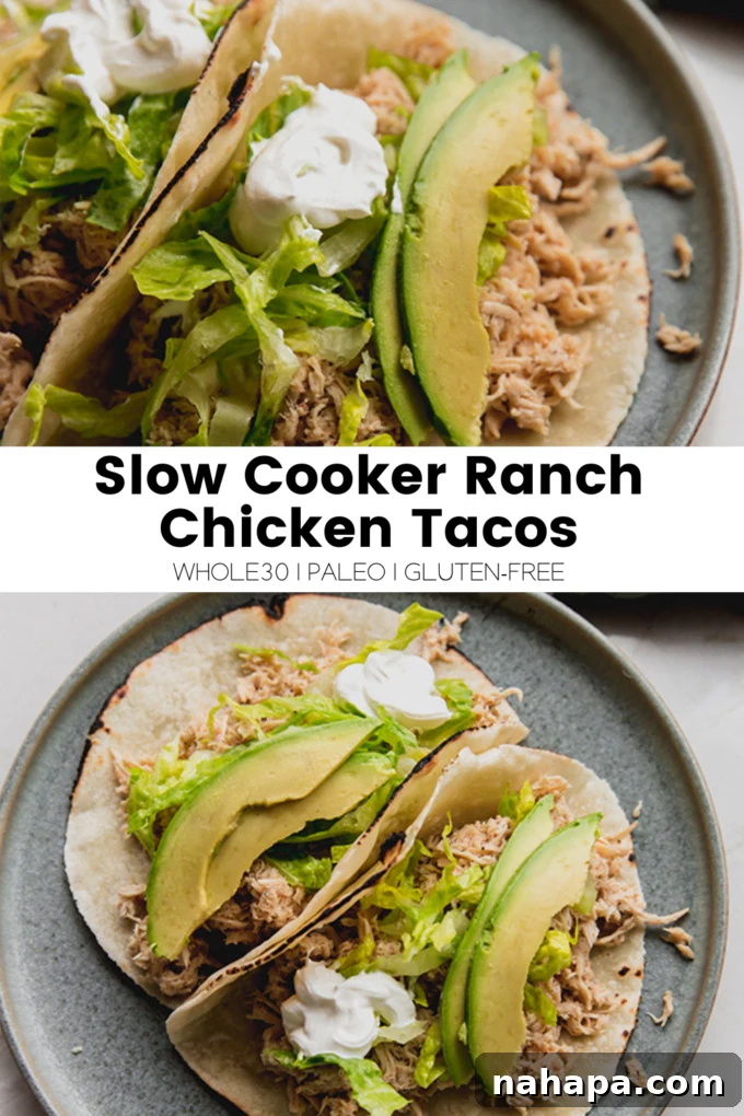 A large image of slow cooker ranch chicken tacos, ready to be served.
