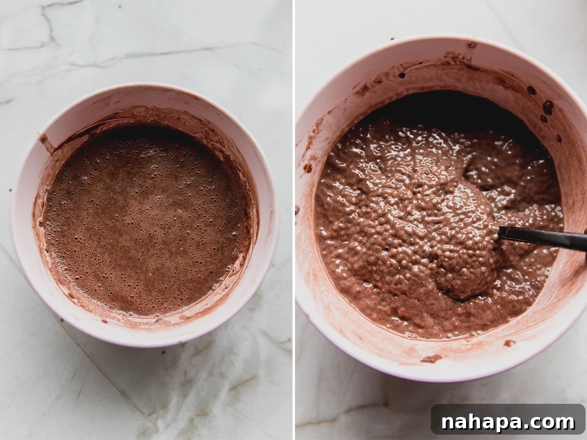 Two bowls are shown side-by-side; one contains the unmixed chocolate layer ingredients, and the other shows the smooth, rich chocolate chia pudding after mixing.