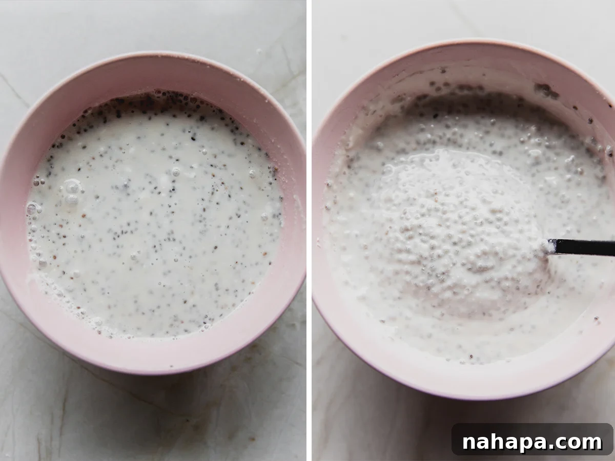 A visual progression of the 'mascarpone' layer: a bowl of liquid ingredients before chia absorption, followed by the thickened, creamy mixture after setting.