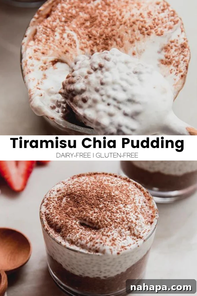 A vibrant collage image displaying multiple glasses of tiramisu chia pudding, some topped with cocoa, others with fruit, highlighting its appealing presentation.