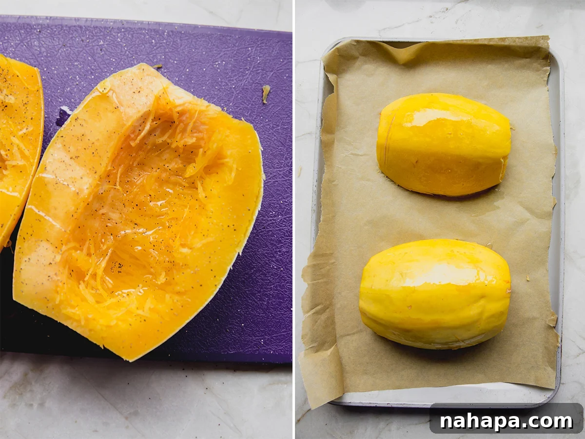 Spaghetti squash being prepped to be baked, sliced open with seeds removed.