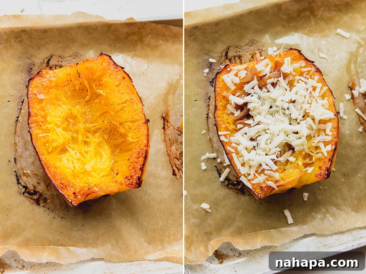 Two French onion spaghetti squash boats on a plate after baking, topped with caramelized onions and melted cheese.