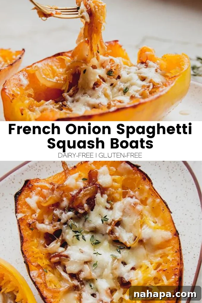 A large promotional image for French Onion Spaghetti Squash Boats.