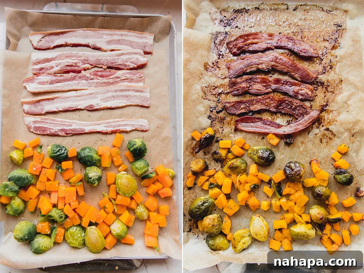 A sheet pan with roasted vegetables and crispy bacon, fresh out of the oven.