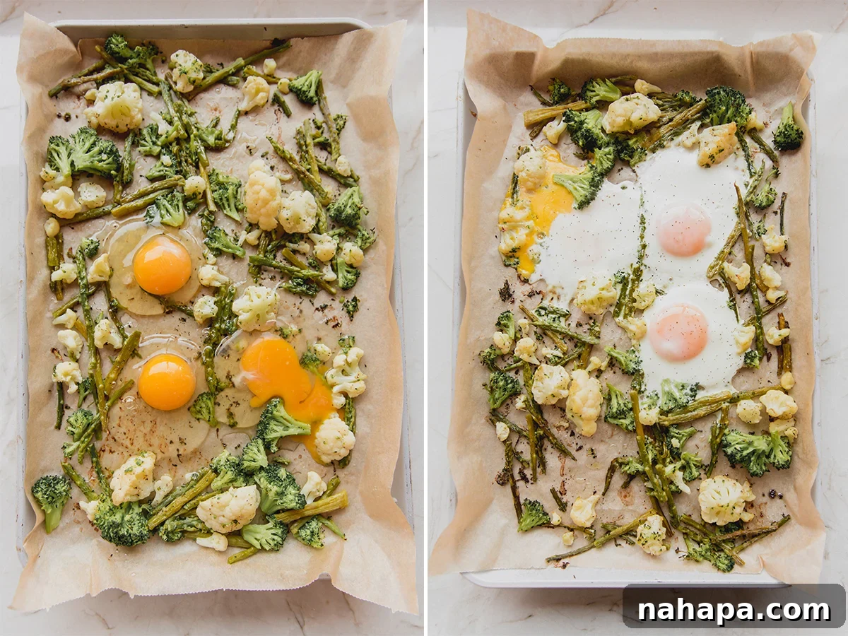 A sheet pan breakfast hash with perfectly cooked eggs nestled among roasted vegetables.