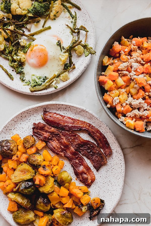 A vibrant breakfast hash in a bowl, topped with a fried egg and fresh parsley.