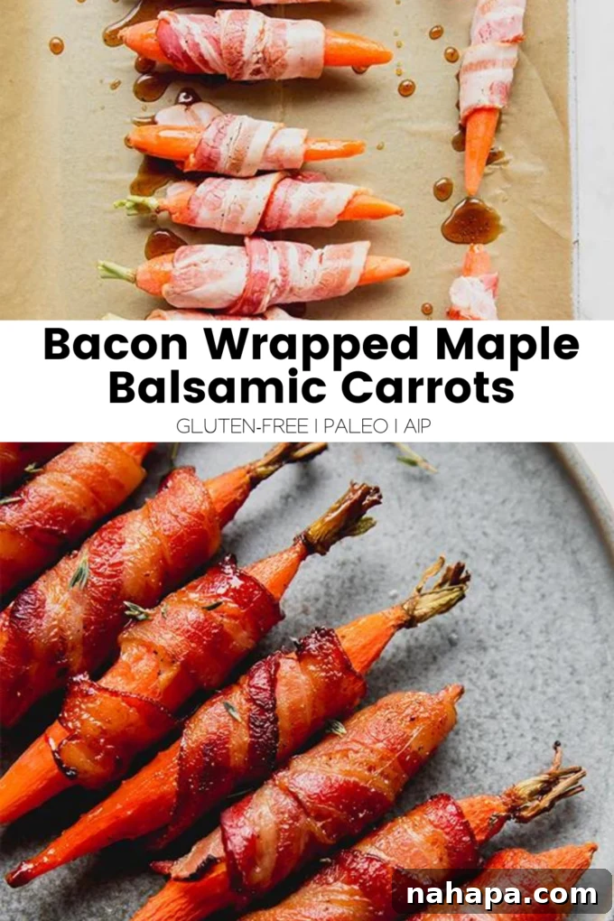 Large image of cooked bacon-wrapped carrots on a wooden board, garnished with fresh thyme.