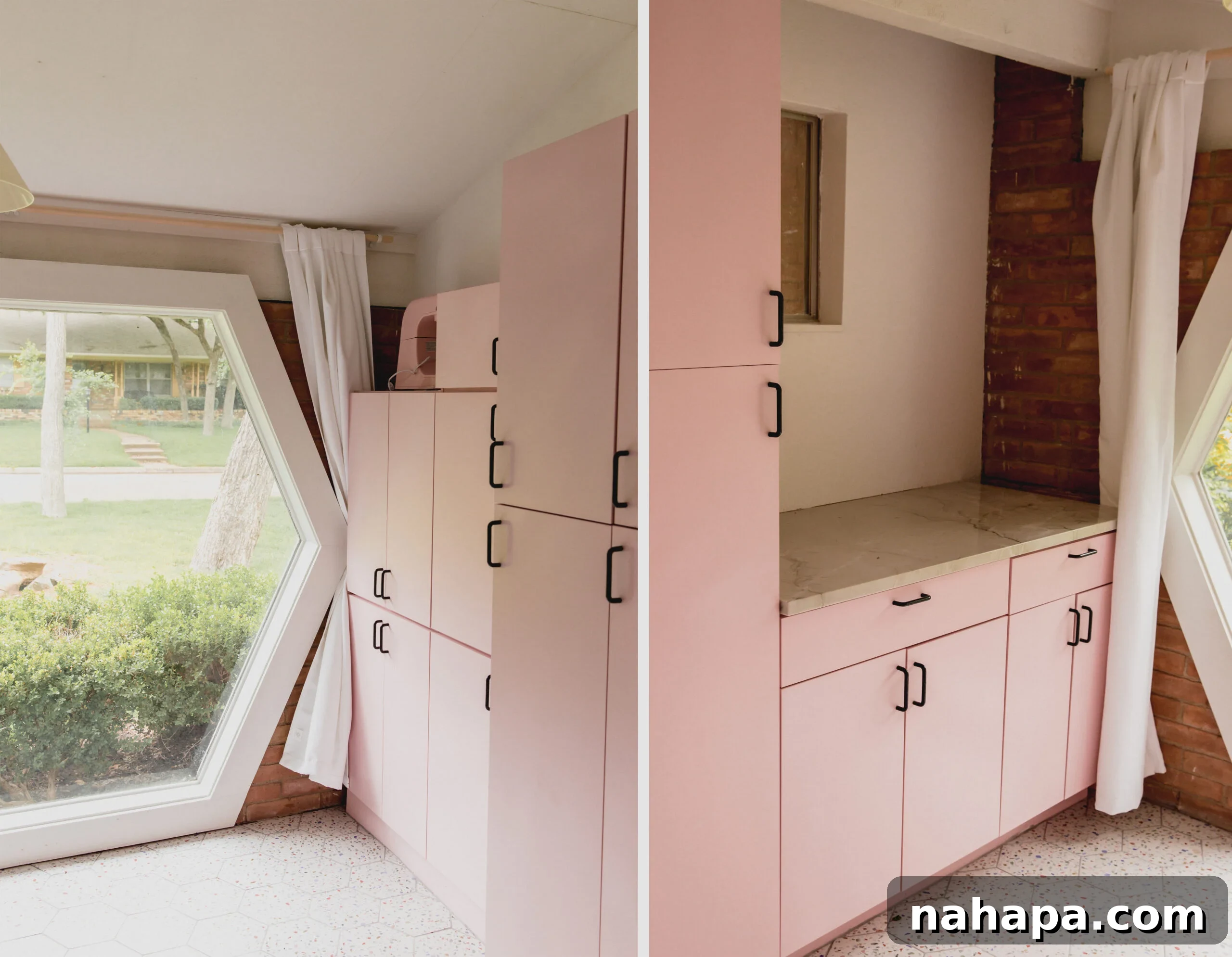 Organized pantry with hexagon window and appliance counter