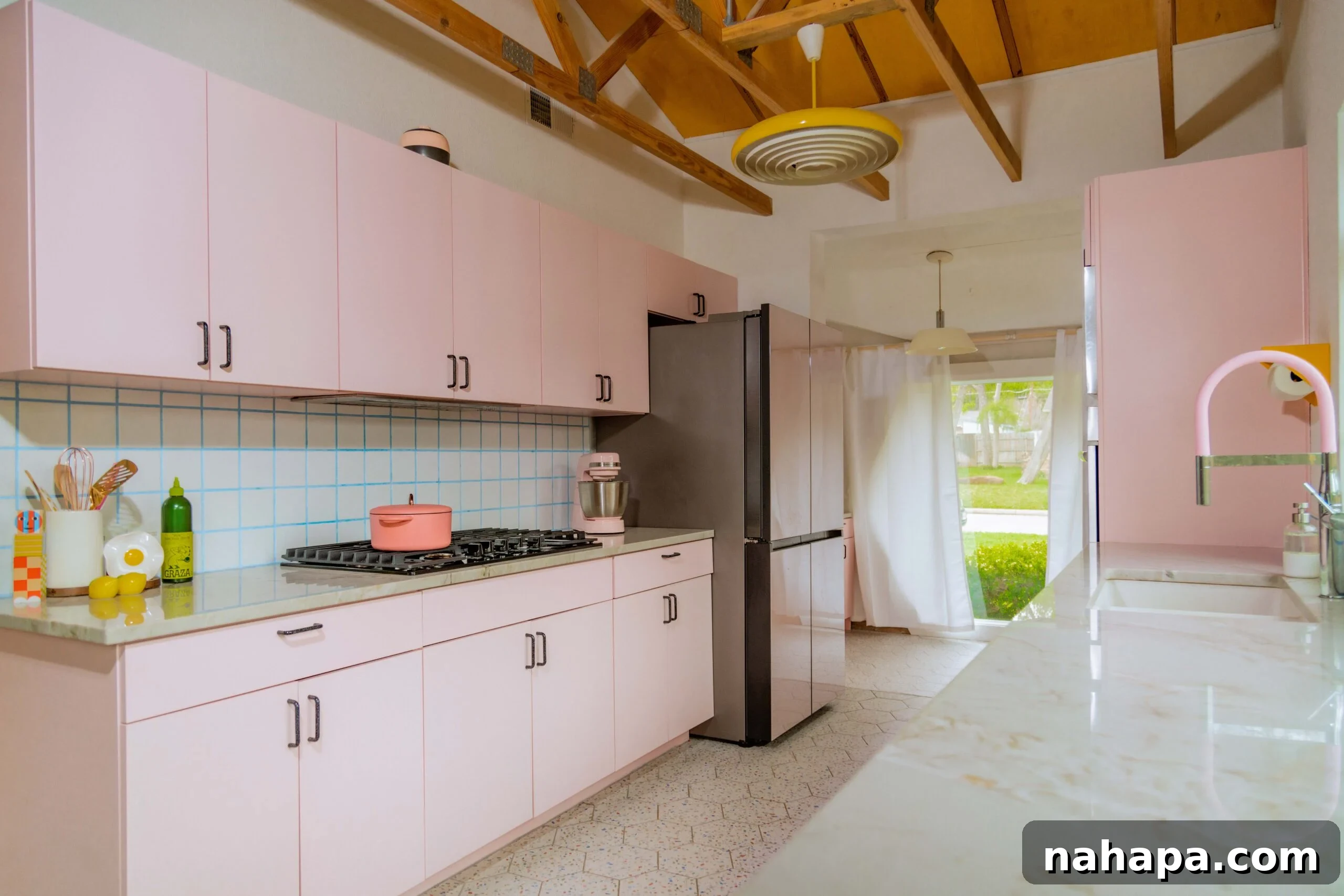 After kitchen renovation - open concept pink kitchen