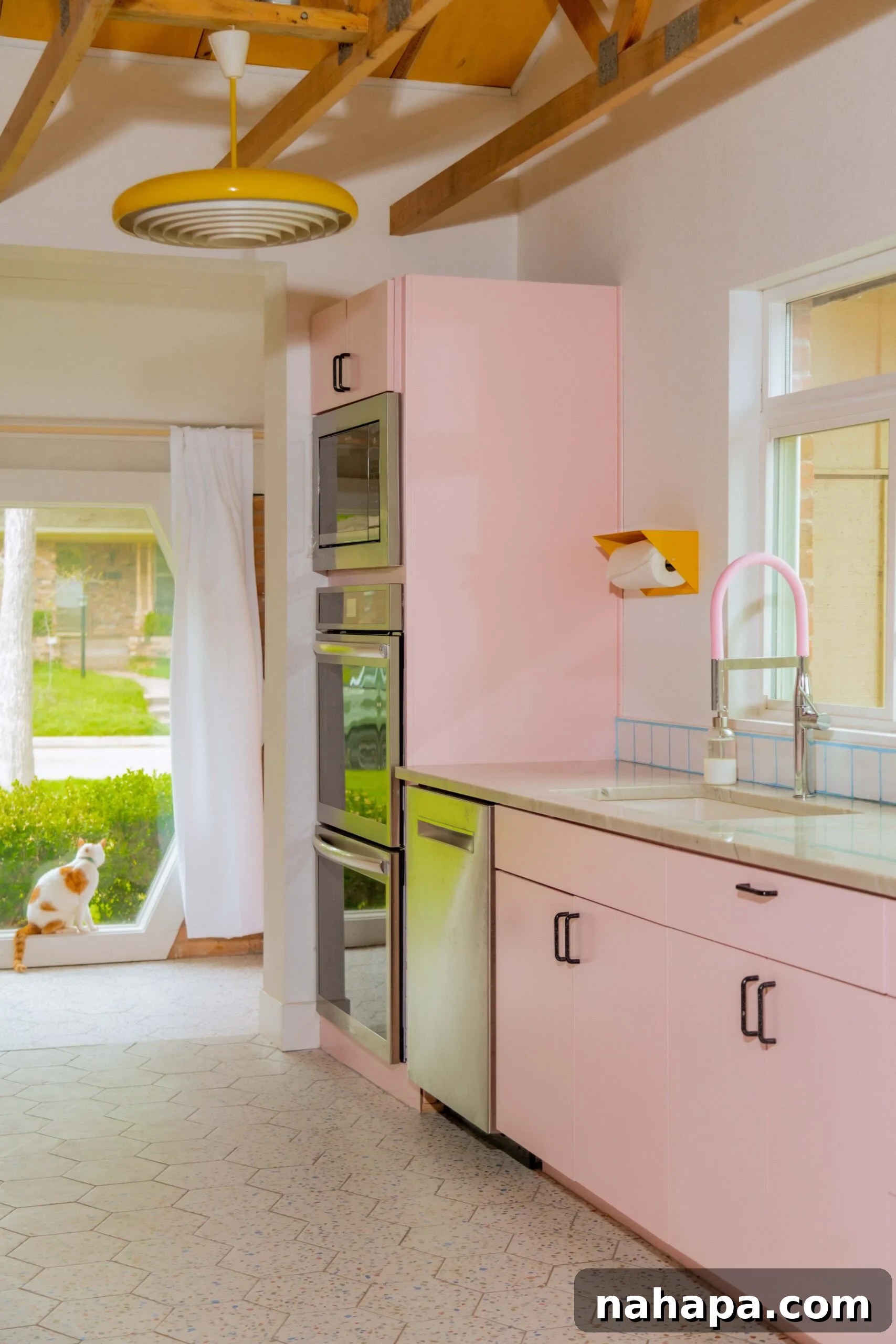 After kitchen renovation - close-up of pink cabinet details