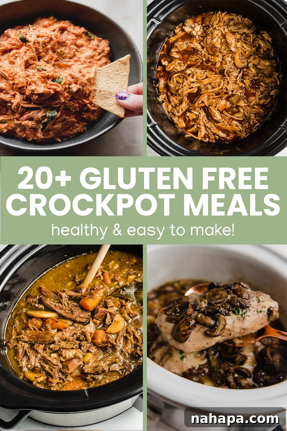 Assortment of easy gluten-free slow cooker meals, including beef, chicken, pork, and soups