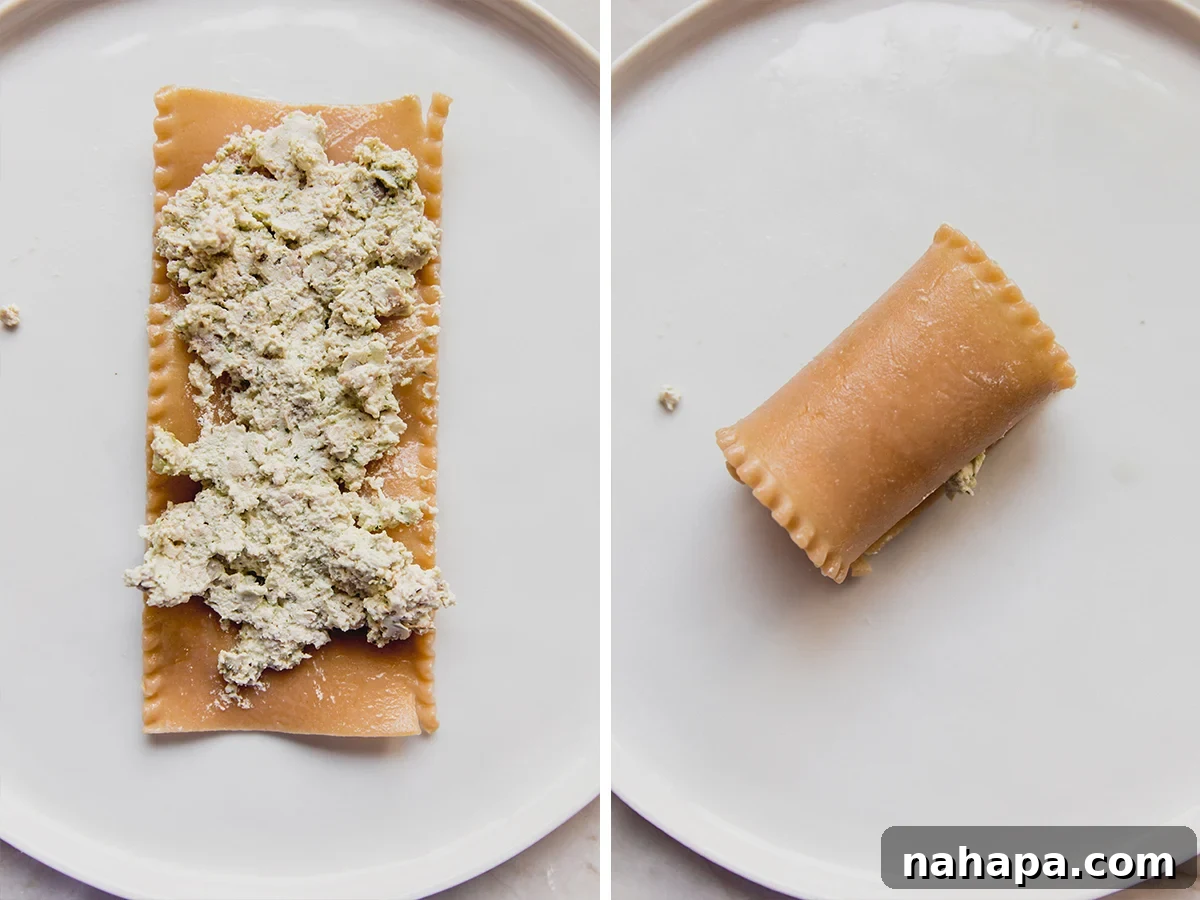 Gluten-Free White Pesto Lasagna Roll-Ups 4 A three-panel image showing the process of filling and rolling white pesto lasagna roll-ups: first, a cooked lasagna noodle; second, the ricotta filling spread on the noodle; third, the noodle being carefully rolled up.