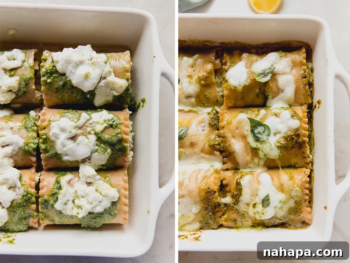 Gluten-Free White Pesto Lasagna Roll-Ups 5 A two-panel image showing white pesto lasagna roll-ups before and after baking, highlighting the transformation to a golden and bubbly dish.