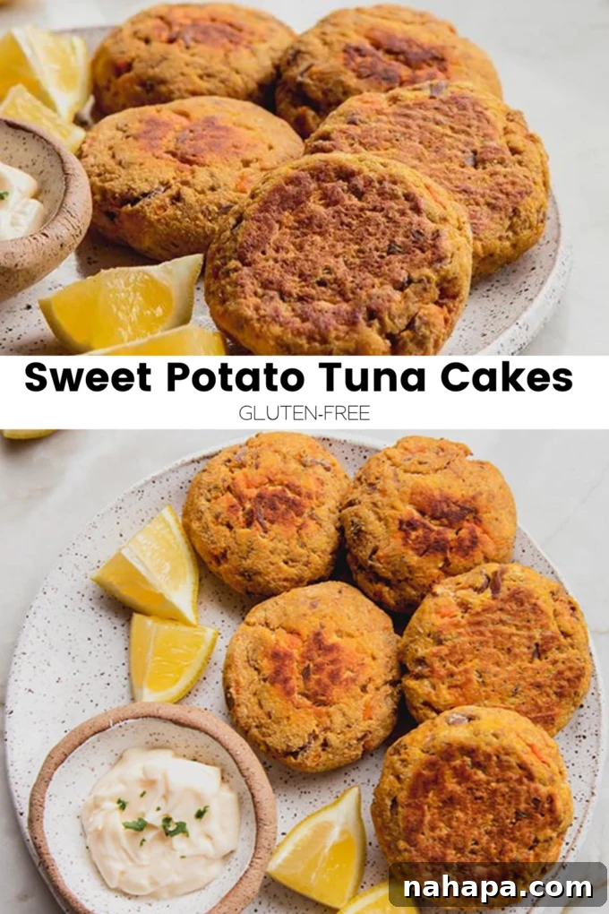 A graphic illustrating Sweet Potato Tuna Cakes as a healthy and easy meal option.