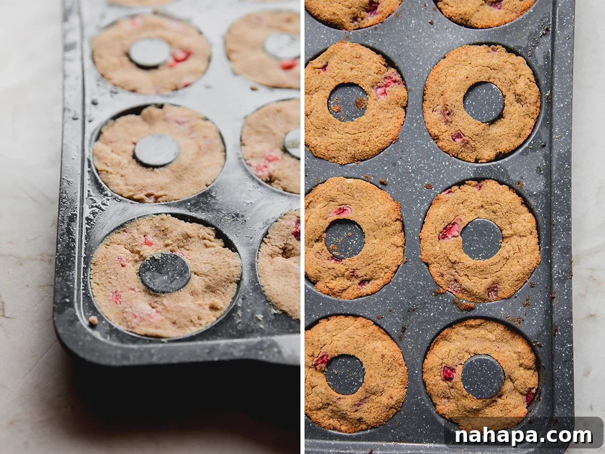 A split image showing the mini donut batter pressed into a donut pan on one side, and on the other, the same pan after baking, with perfectly risen, golden-brown mini donuts ready to be glazed.