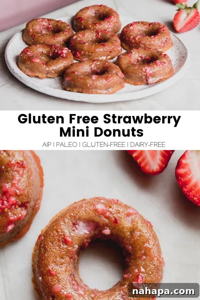 A beautifully designed graphic promoting Gluten-Free Strawberry Mini Donuts, perfect for sharing on social media, featuring a stack of glazed donuts with fresh strawberries.