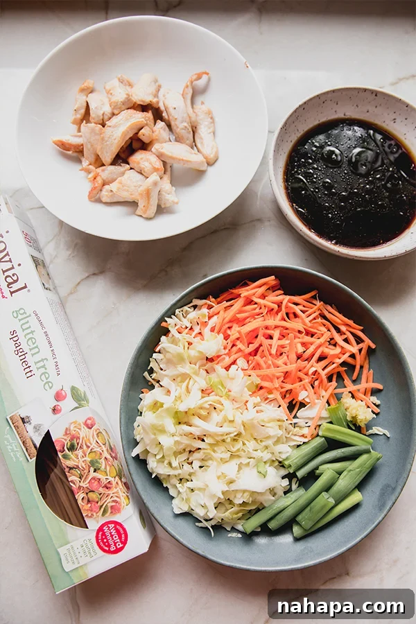 A colorful array of fresh ingredients laid out on a kitchen counter, ready to be prepared for gluten-free chicken chow mein, including chicken breast, various vegetables, and sauce components.